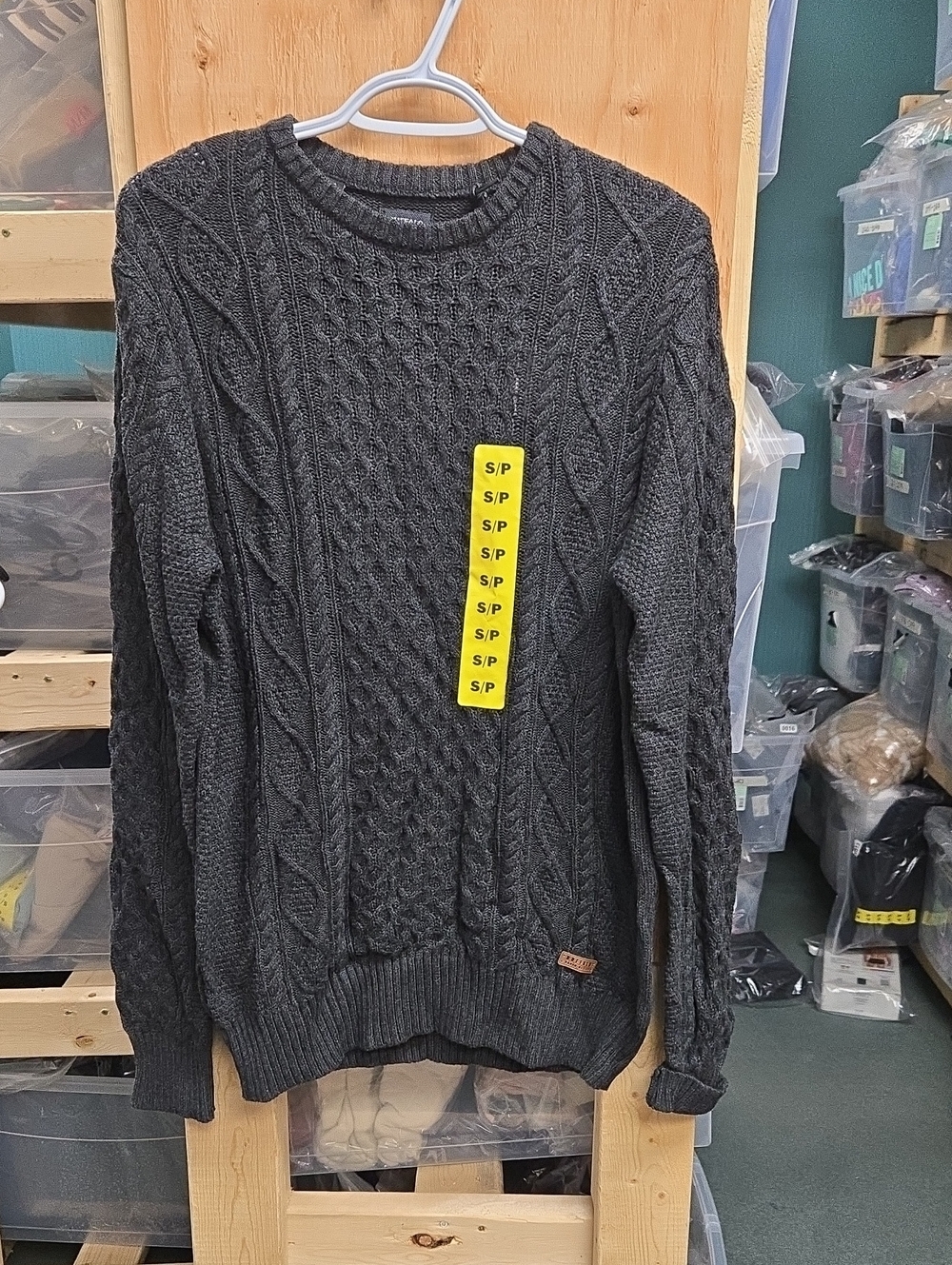 Buffalo David Bitton Size S Dark Grey Crew Neck Cable Knit Sweater